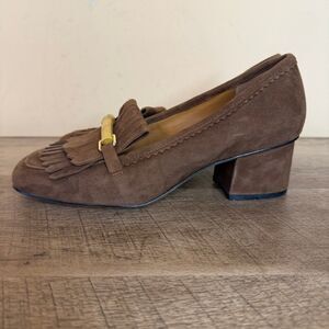 J.McLaughlin Brown Suede Fringe Loafers Block Heel Bamboo Bit Womens 6.5